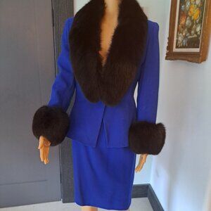 Royal Blue Wool Crepe Suit Black Fox Cuffs & Collar - Elegant Core Luxury Size 8